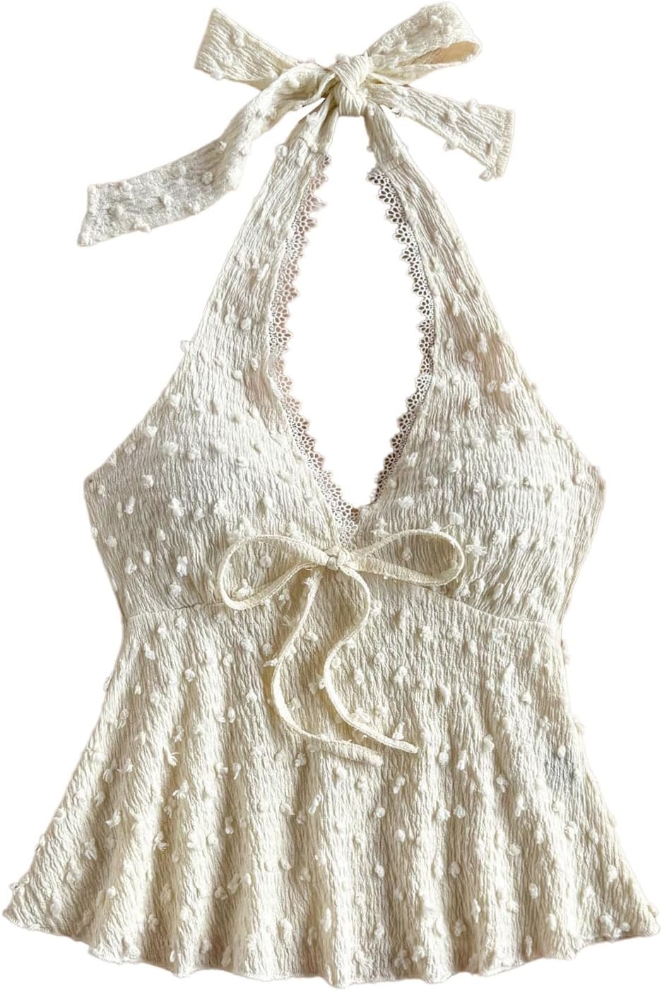 GORGLITTER Women's Lace Trim Tie Front Going Out Tops Swiss Dots Backless Ruffle Hem Summer Halter Vest Top 2025