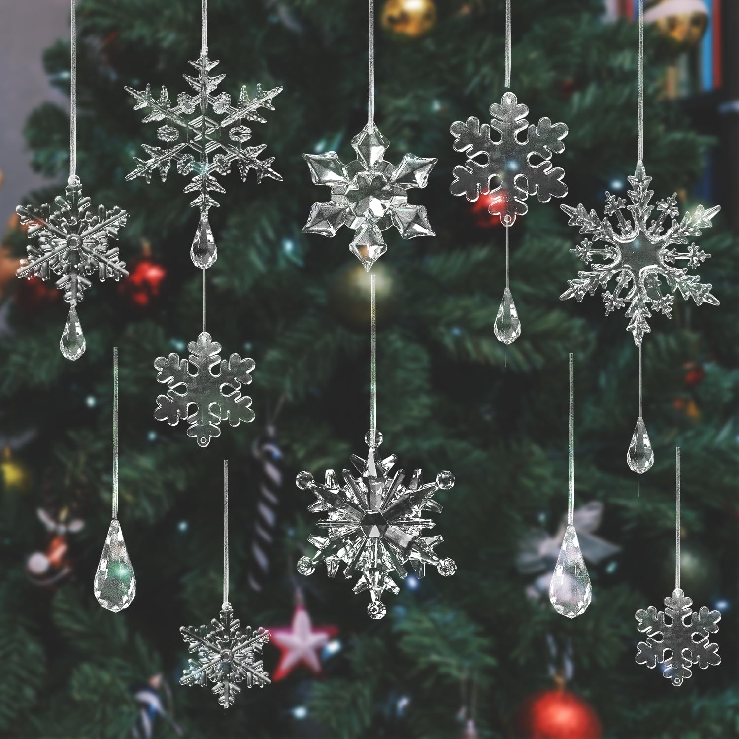 34pcs Crystal Christmas Ornaments, Clear Snowflake XMAS Hanging Pendants