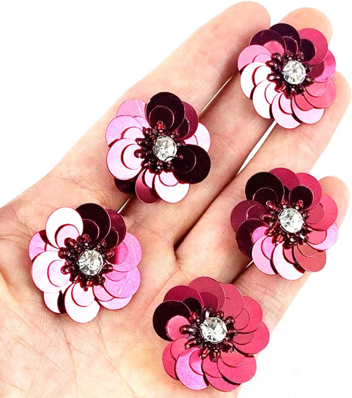 10PC Wine Red Sequin Flower Beaded Appliques,1.18" Mini Crystal Paillette Sew-On Patches for DIY Wedding Dress, Shoes, Hair Accessories and Clothing Décor image 2