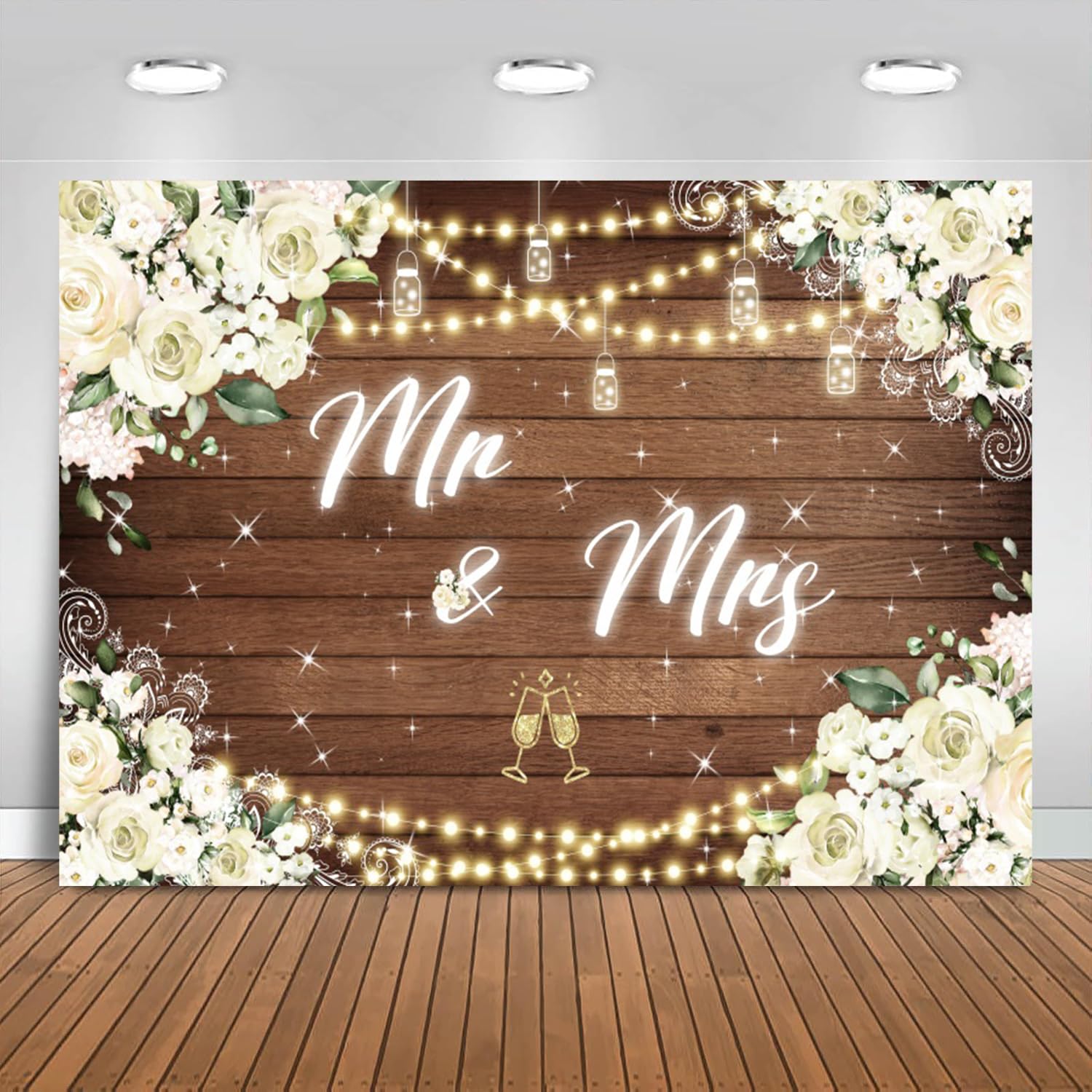3.6x3m Mr & Mrs Hintergrund Weiß Floral Rustikal Holz Fotografie Hintergrund Braut Dusche Braut zu Sein Verlobung Hochzeit Party Dekorationen Banner Photo Booth Requisiten