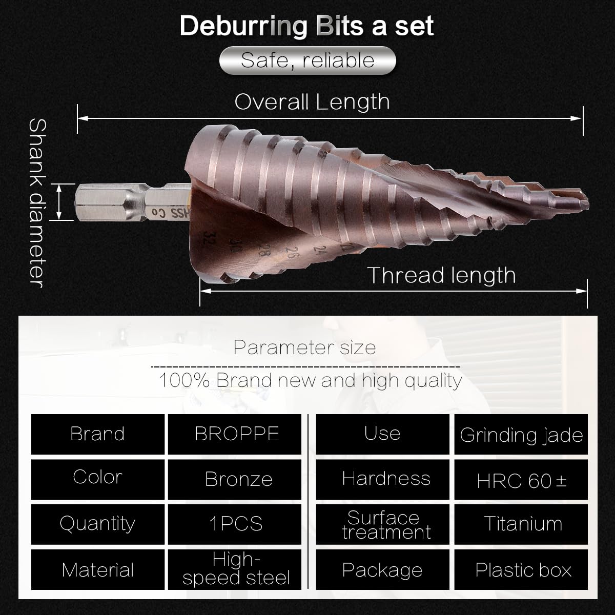 Broca Espiral Escalonada[4-32mm, 15 Pasos], HSS co M35 Recubierto de Titanio, 1/4'' Mango Hexagonal, Perforación de Acero Inoxidable, Metal Duro, Plásticos, Madera, Hierro Fundido, Aluminio