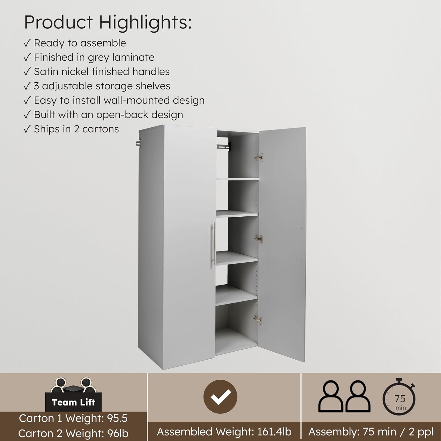 Prepac HangUps Large Storage Cabinet - Immaculate Light Gray 36" Cabinet with Storage Shelves and Doors; Ideal for Bin and General Storage Solutions