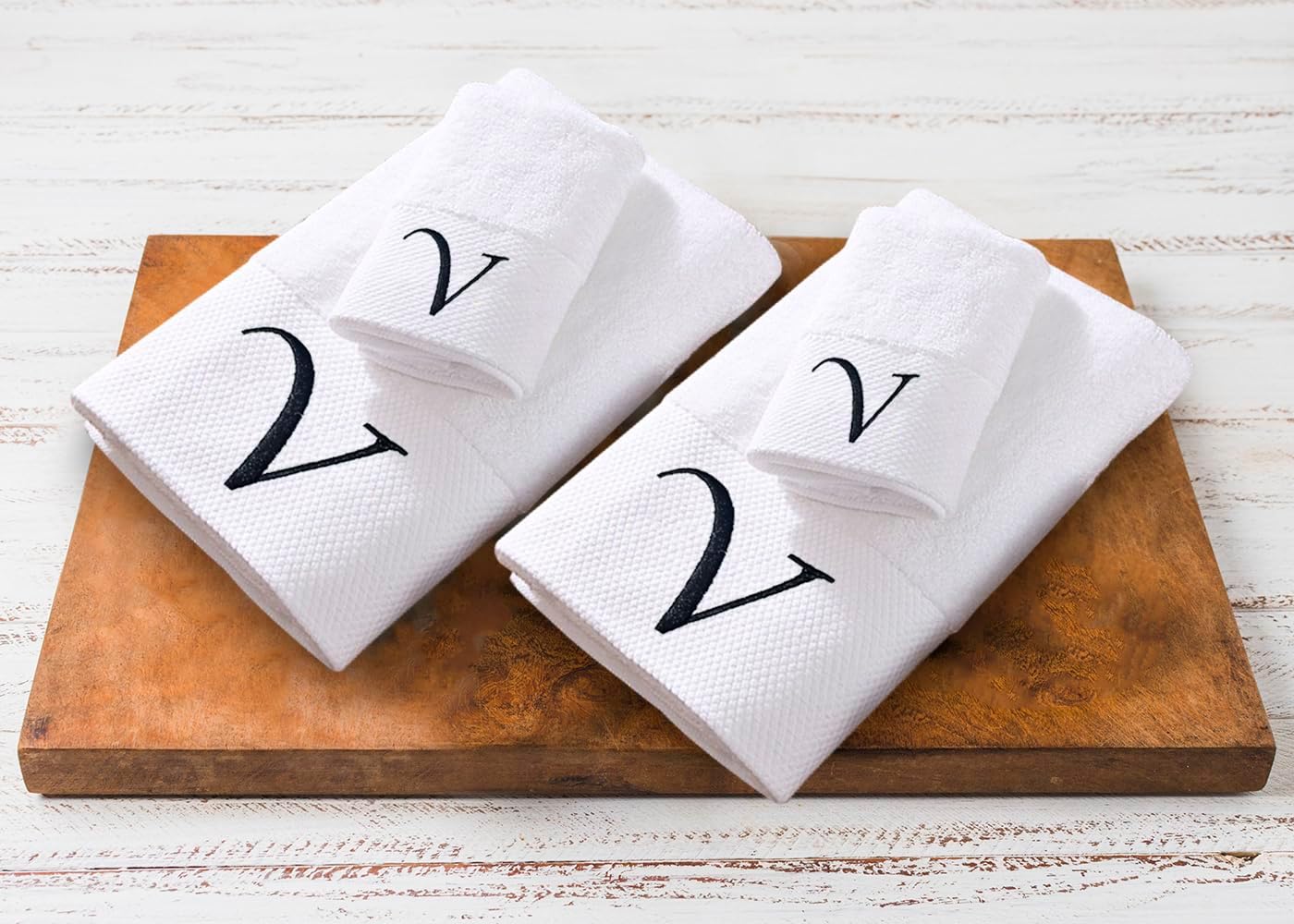 Luxury Monogrammed Towels Set - 4 Pack Soft Cotton Bath and Hand Towel Set - White Bath Towels for Hotel, Spa, Gym & Beach - Gifts for Men, Women, and Kids (Initial V, 4 Pack Gift Packaging) - Image 4