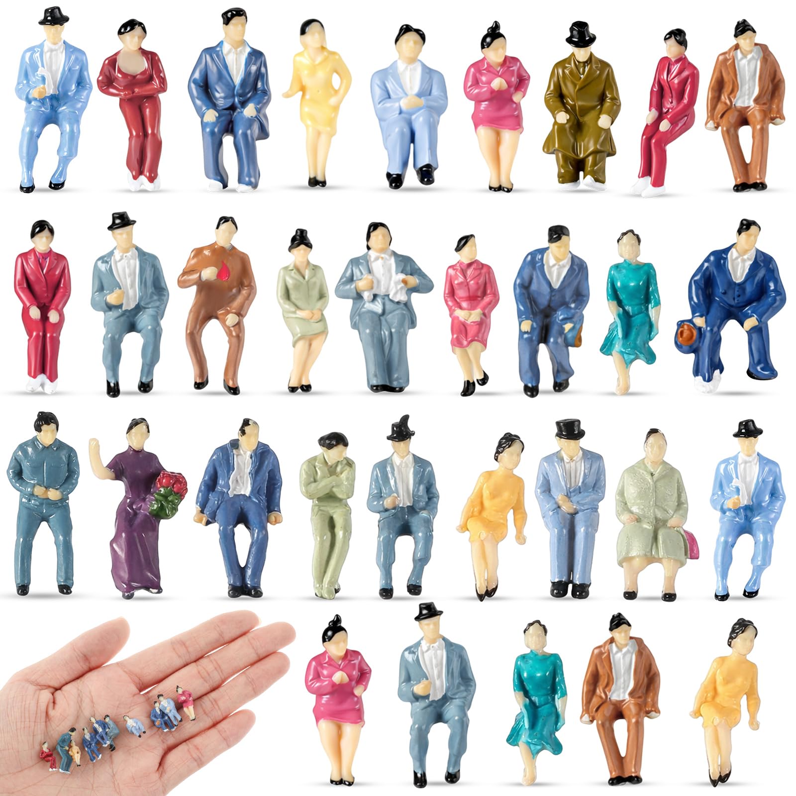 Namalu 50 Pcs 1: 87 Sitting Pose Scale Mini People Figurines Set Tiny Sitting People Colorful Model Miniature Trains Architectural Painted Figures Model Tiny Plastic Figurines for Miniature Scenes