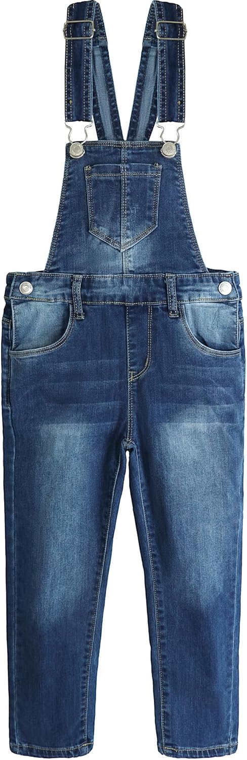 KIDSCOOL SPACE Girls Denim Overalls, Elastic Waistband Inside Washed Stretchy Jeans Jumpsuit
