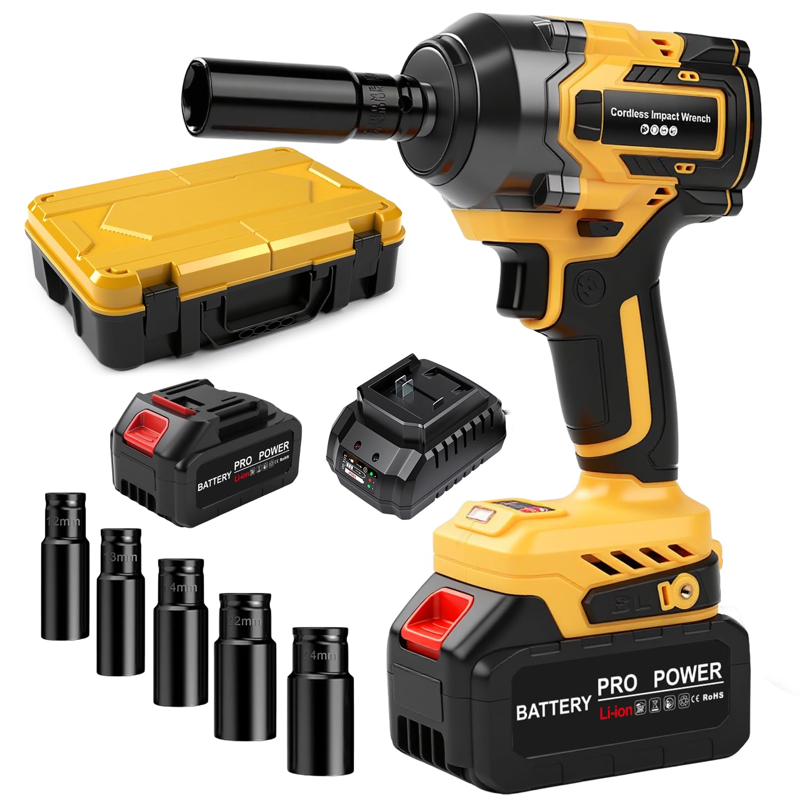 Avvitatore a percussione a batteria per pneumatici auto, professionale 650 Nm, 21 V, motore brushless da 1/2", avvitatore a percussione con batteria 2x litio, alto coppia, avvitatore a percussione con