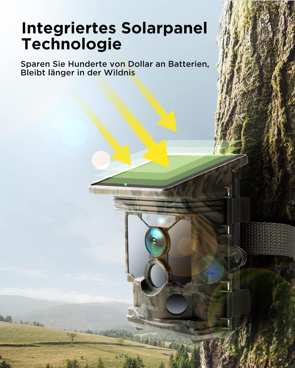 CEYOMUR Solar WLAN Bluetooth Wildkamera Handyübertragung, 4K 30fps 46MP Jagdkamera, mit Bewegungsmelder Nachtsicht IP66 Wasserdicht für Wildtier Überwachung mit U3 32GB Micro SD-Karte
