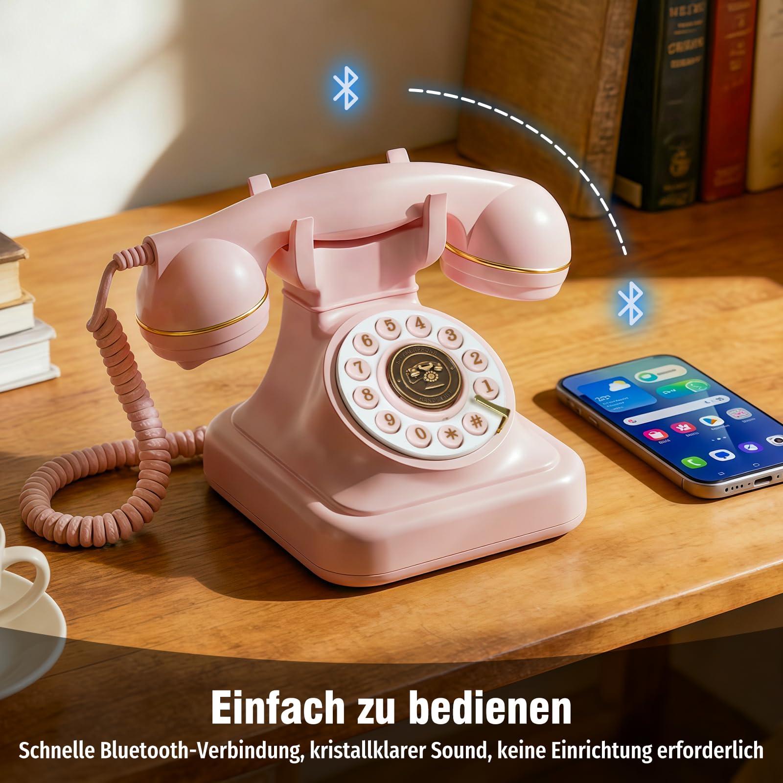Bluetooth Retro Telefon mit Sprachassistent – Bluetooth Festnetztelefon & Handy‑Verbindung für Android & iOS, Drahtloses Retro Home Phone mit Freisprecher, Lautstärkeregelung & USB‑Akku,Rosa