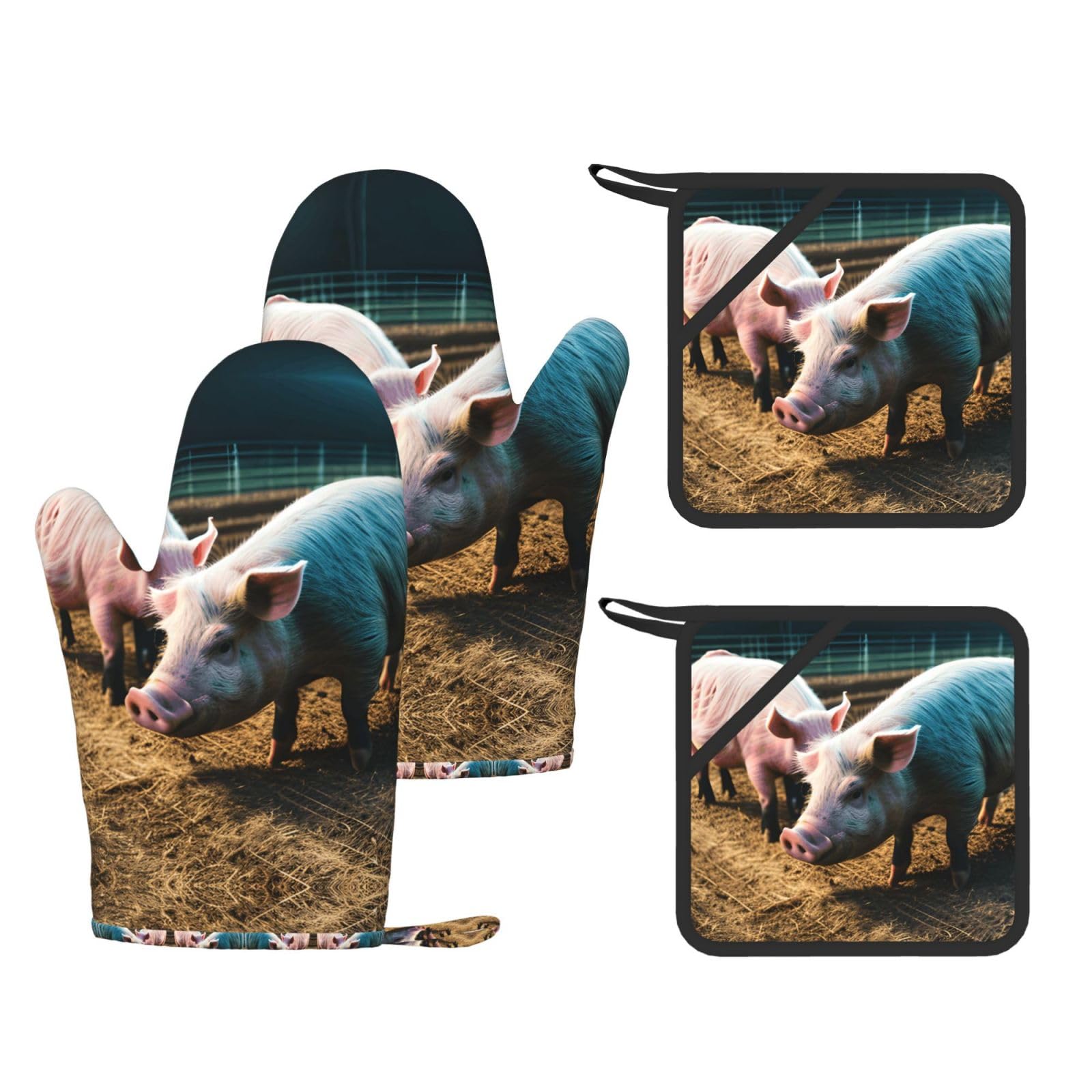 Pigs in Farm Printed Oven Mitts with Pocket and Hot Pads, Silicone Non-Slip Kitchen Gloves for Baking BBQ
