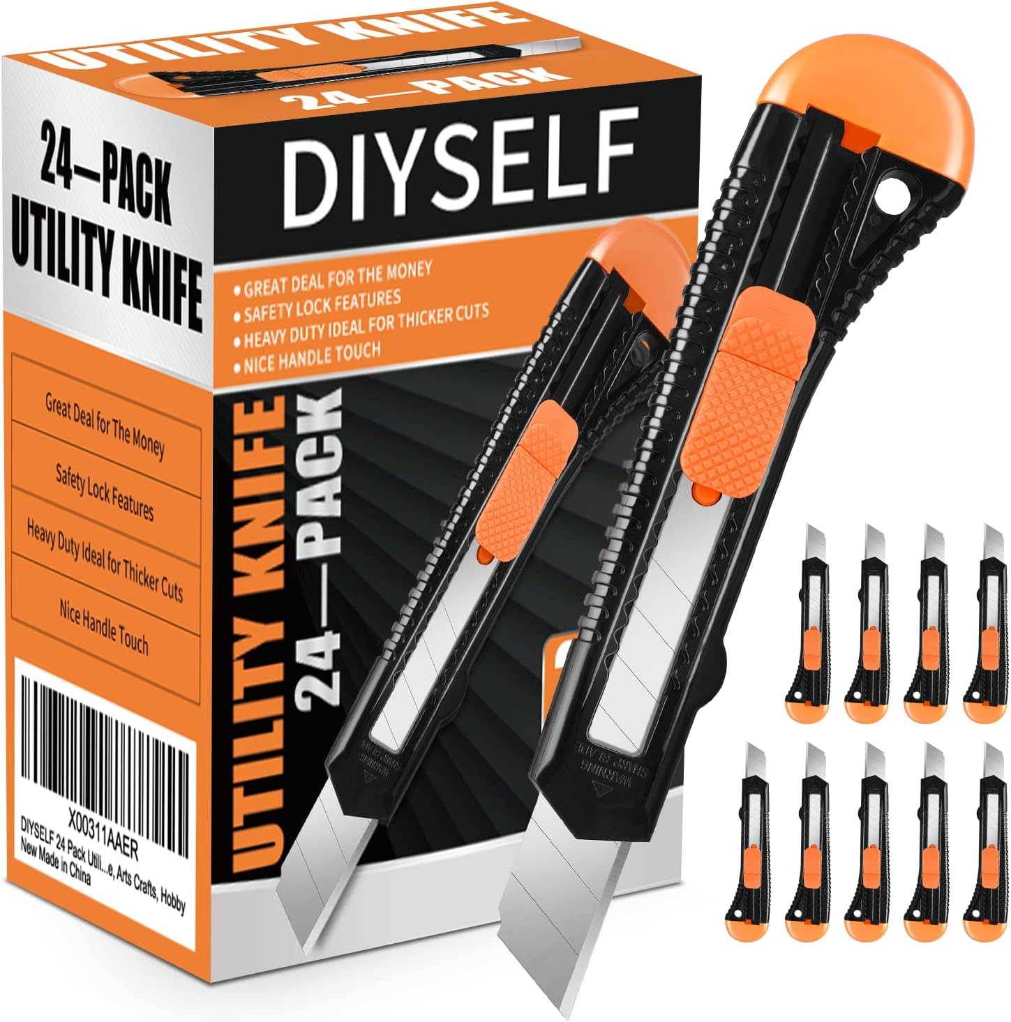 DIYSELF 24 Pack Utility Knife Retractable Box Cutter (18mm Wide Blade