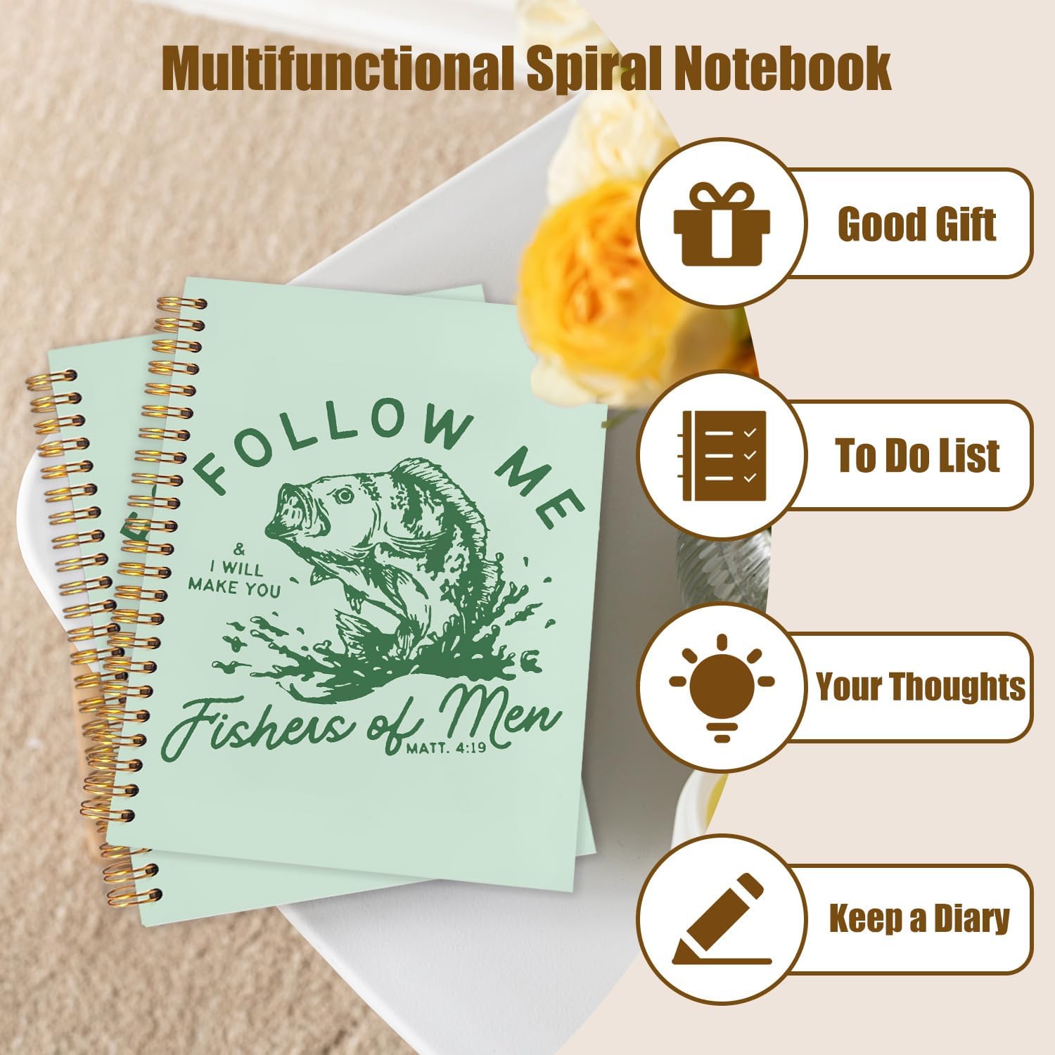 WUCHJ Green Retro Fish Christian Notebook, Matthew 4:19 Bible Verse Journal, Religious Scripture Spiral Notebook Journal for Note Taking, Christian Faith Based Gifts for Women Men, 5.5x8.3 Inch image 4