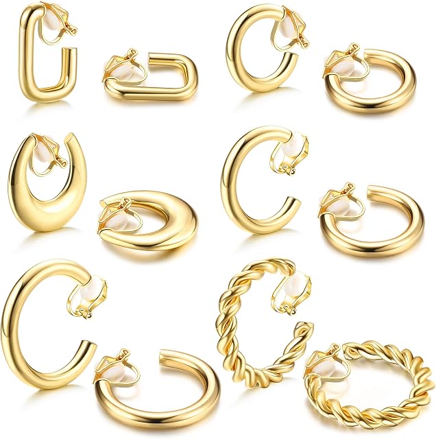 CASSIECA 6 Pairs Gold Chunky Hoop Earrings Thick Open Earrings Big Hoop Twisted Huggie Earring, Pierced Earrings/Non Pierced Earrings