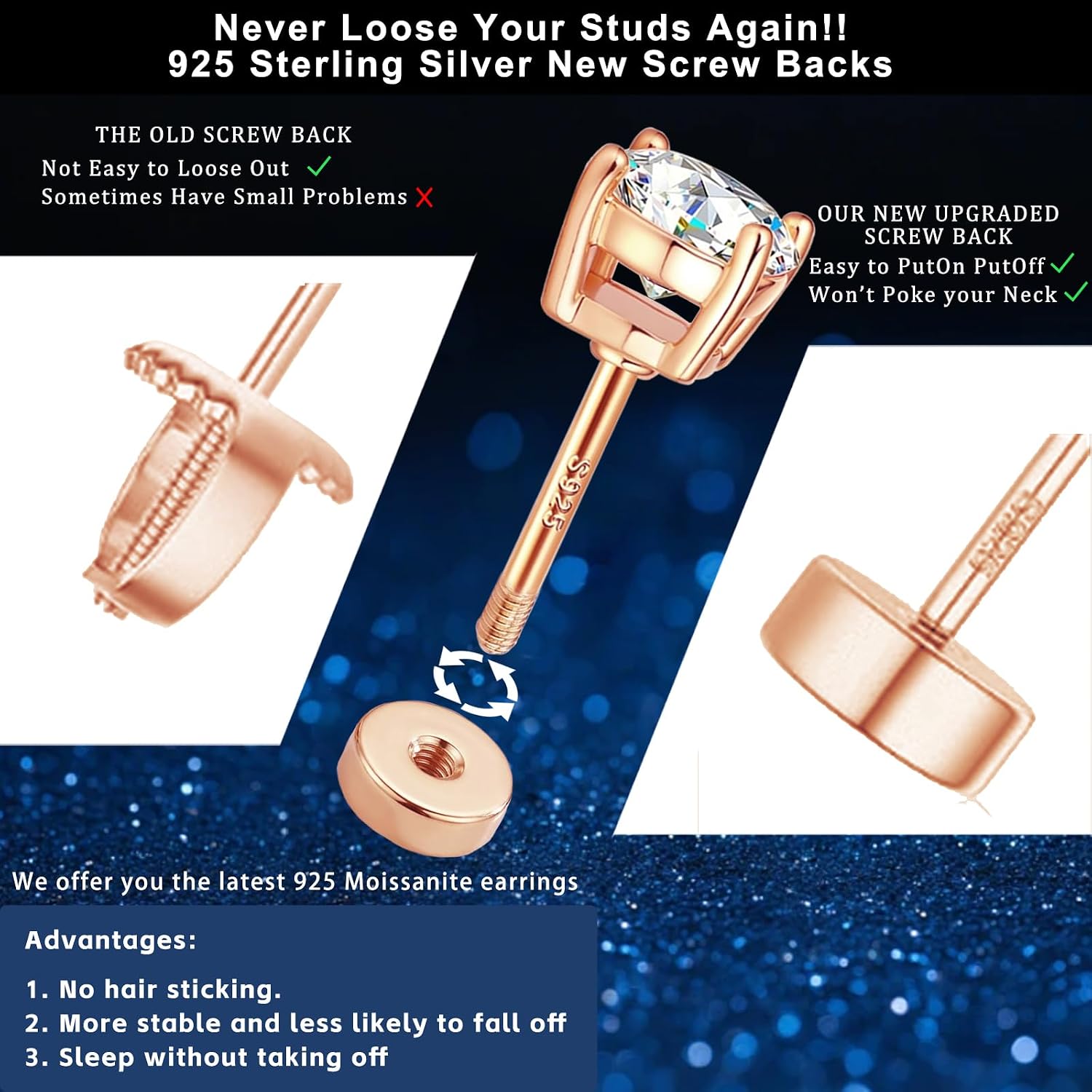 3 Pairs Moissanite Stud Earrings for Women Men S925 Sterling Silver Flat Back Earring D Color VVS1 Moissanite Cartilage Jewelry Set