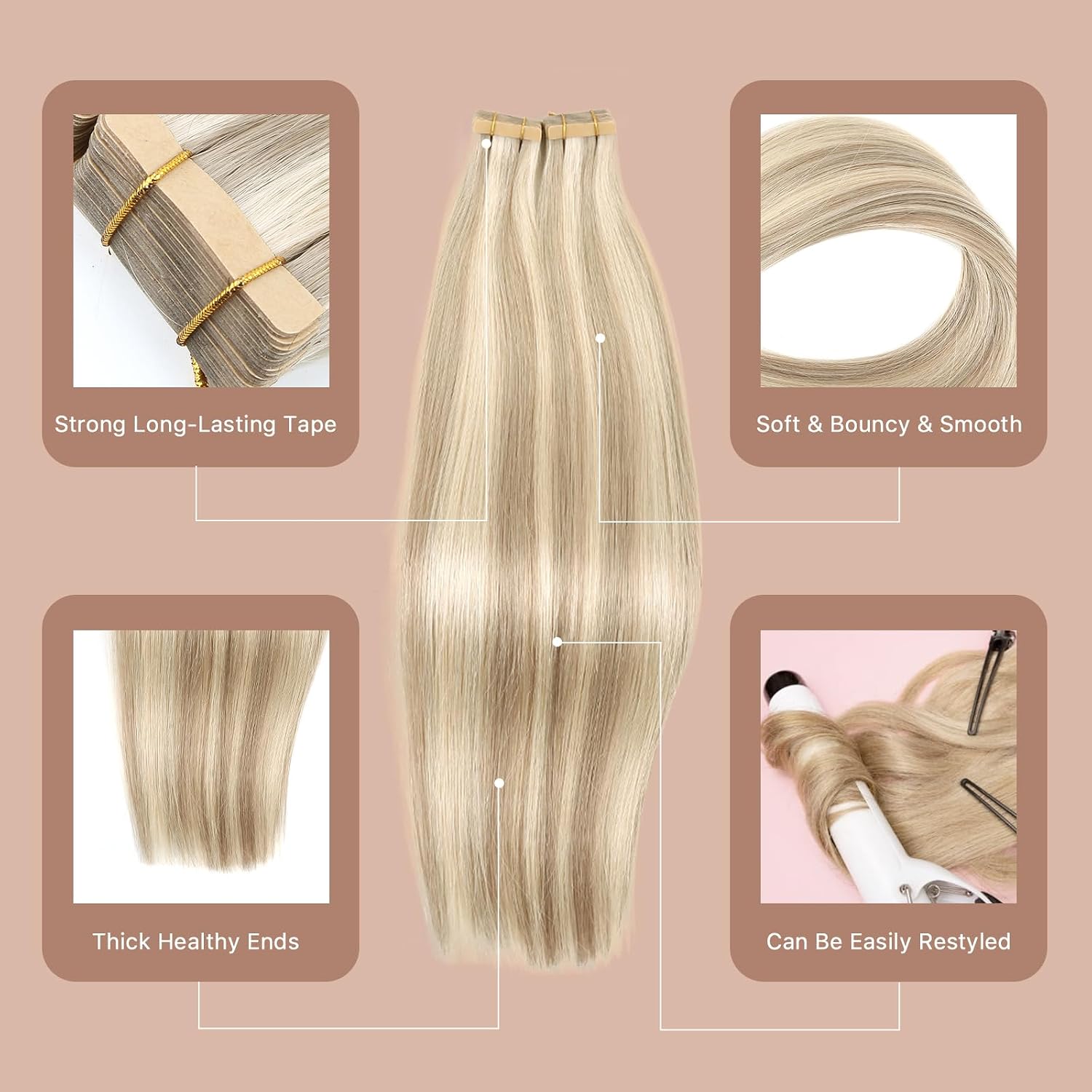 Bella Hair Premium Tape In Hair Extensions - Full Cuticle Aligned Remy Human Hair Straight, 20pcs 16 inch 50g 17A/60A Ombre Blonde Hair Piece for Instant Natural Look