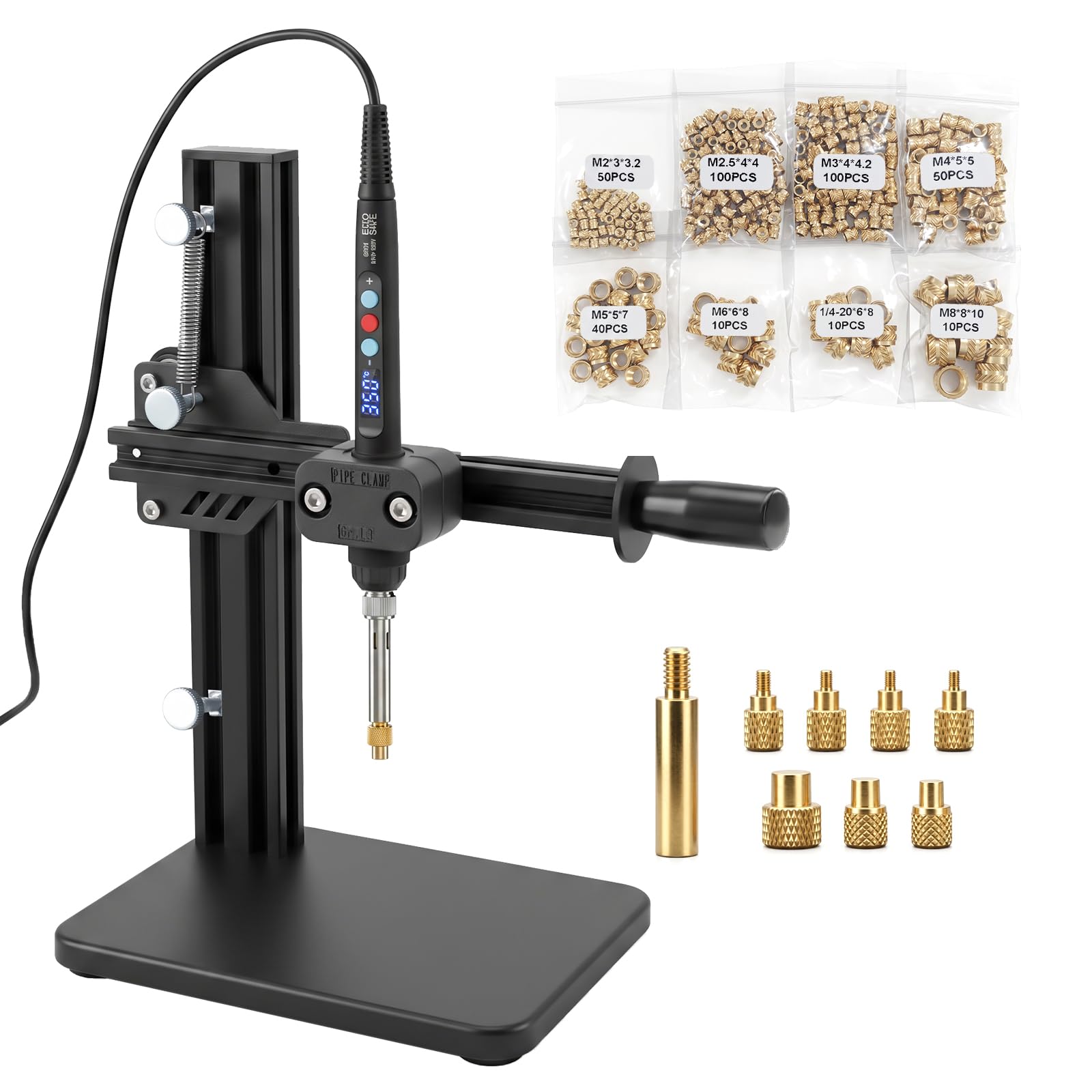 Vertical Heat Press Machine-Heat Set Insert Tools with 370pcs Threaded Inserts and Heat Set Tips M2/M2.5/M3/M4/M5/M6(1/4)/M8 add Brass Nuts for Threaded Inserts for Plastic and 3D Printing Components-image-12