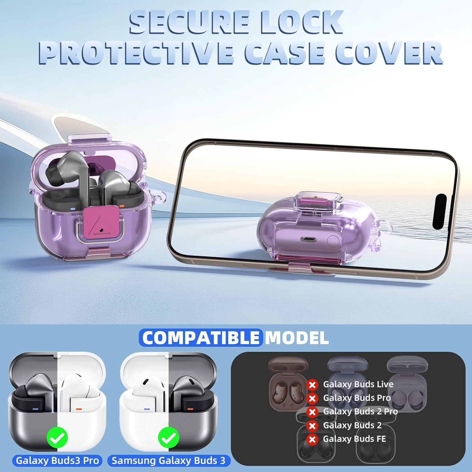 Secure Lock Cover for Galaxy Buds 3 Pro Case (2024) / Galaxy Buds 3 FE (2025), Soft TPU Shockproof Protective Case for Samsung Buds 3 Earbuds with Phone Stand/Cleaning Pen & Keychain (Clear Purple)