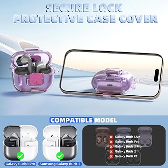 Secure Lock Cover for Galaxy Buds 3 Pro Case (2024) / Galaxy Buds 3 FE (2025), Soft TPU Shockproof Protective Case for Samsung Buds 3 Earbuds with Phone Stand/Cleaning Pen & Keychain (Clear Purple)
