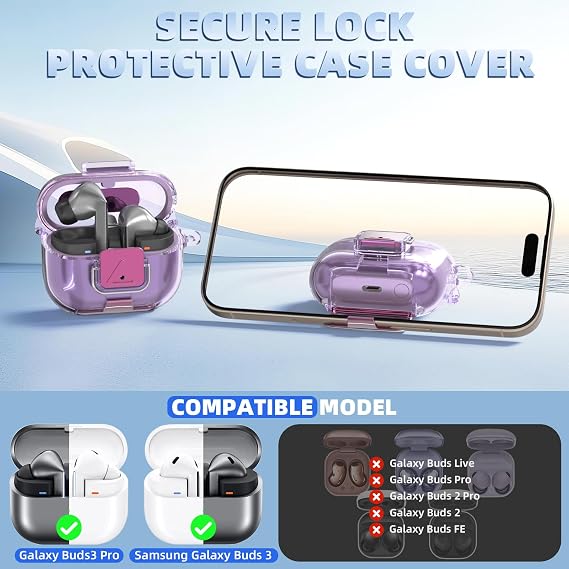 Secure Lock Cover for Galaxy Buds 3 Pro Case (2024) / Galaxy Buds 3 FE (2025), Soft TPU Shockproof Protective Case for Samsung Buds 3 Earbuds with Phone Stand/Cleaning Pen & Keychain (Clear Purple)