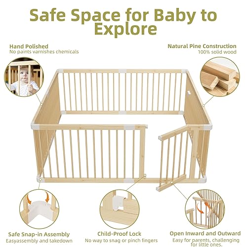 Miniatura 8 de Corralito grande de madera para bebés, puerta ajustable para niños pequeños y bebés, valla plegable con puerta, área de juegos segura y portátil