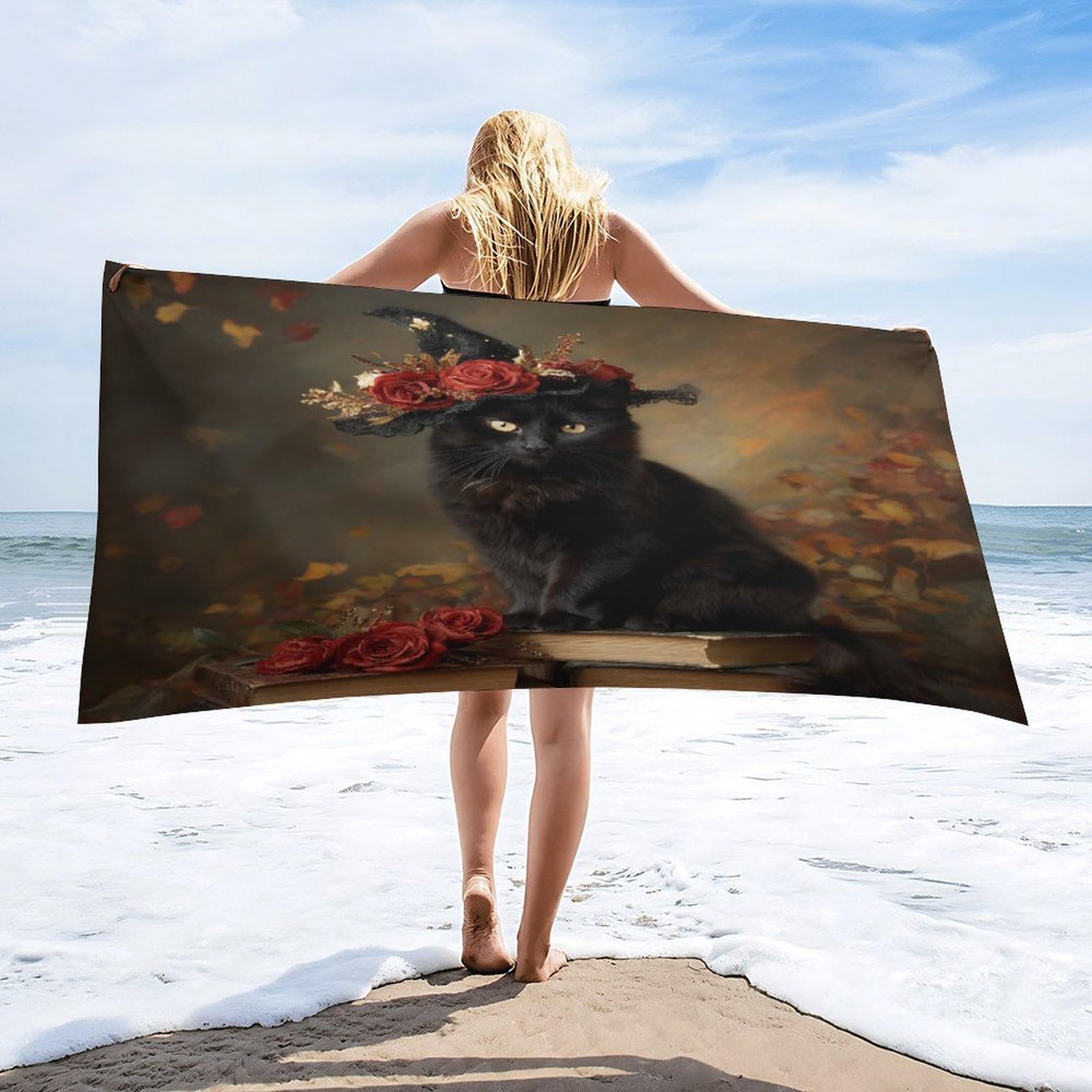 Luyysky Retro Realistic Black Cat Quick-Drying Beach Towel, Vintage Gothic Animal Kitten Red Rose Flowers Ginkgo Leaves Book Travel Vacation Single Sided Pile Bathroom Towels-80 W Cm X 160" L Cm