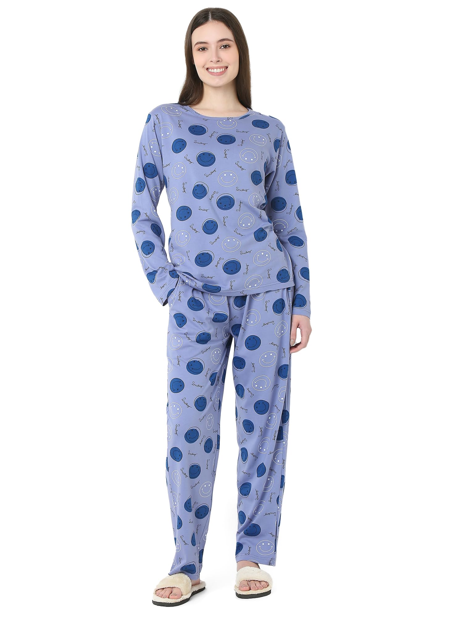 smarty pants Women's Cotton Smiley Print Lilac Color Full Sleeves Night Suit.-picture-44