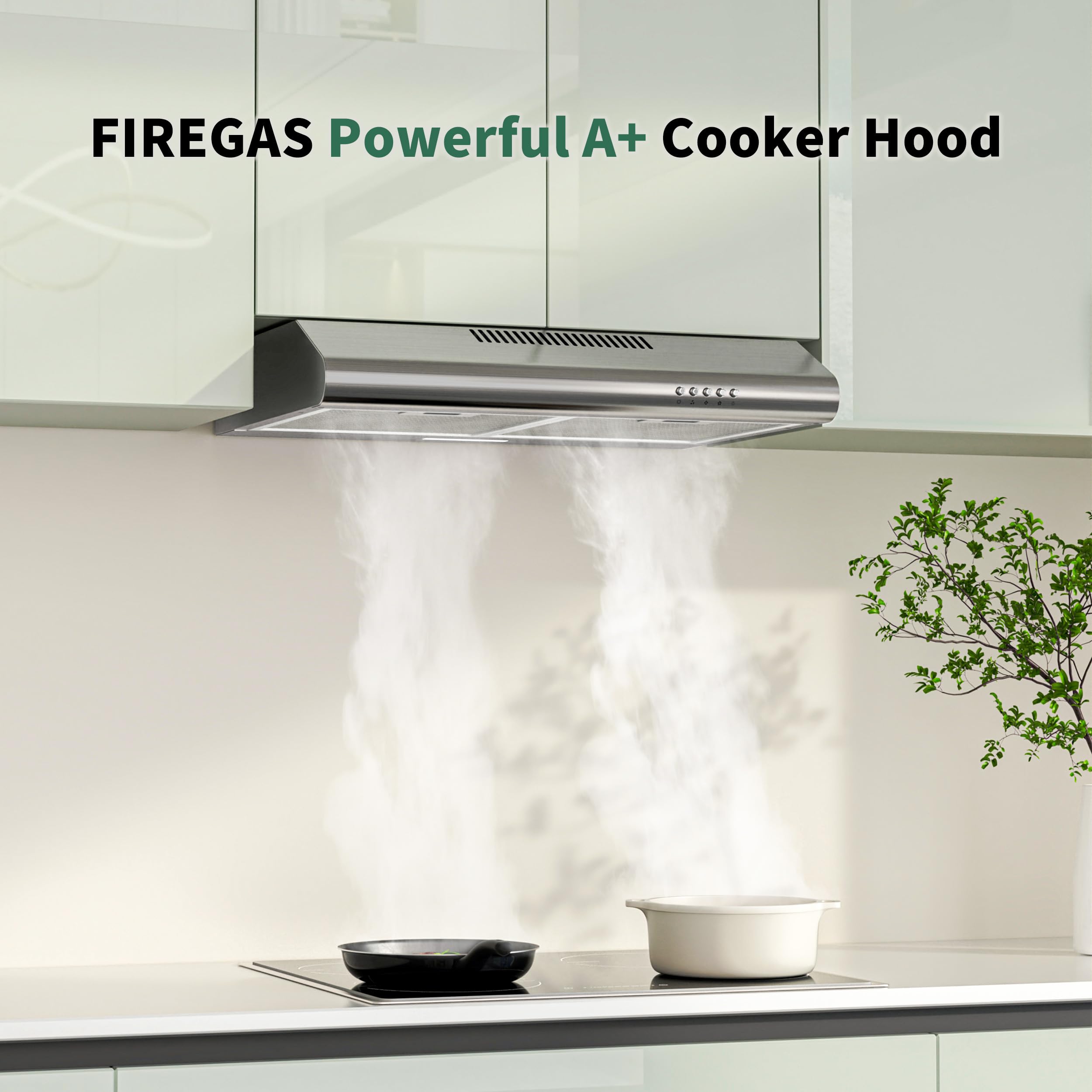 FIREGAS Okap kuchenny 60 cm, tryb obiegu i powietrza wylotowego, 250 m³/h, 3 poziomy mocy, w zestawie filtr węglowy, energooszczędny A+, cichy, oświetlenie LED, stal nierdzewna