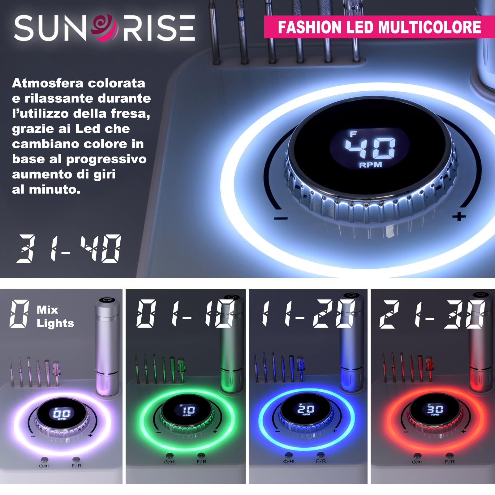 Fresa per Unghie Professionale - 40000 Giri, LED Multicolor e USB - Lima Elettrica - 6 Punte 36 Cilindri - per Pedicure e Manicure - Nail Drill (Nero)