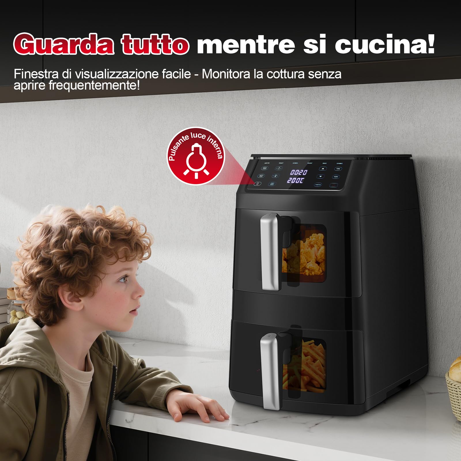 TopStrong Friggitrice ad Aria Doppio Cestello, 11 Litri Air Fryer Verticale 2 Cestelli con Finestra, 40-220℃, 6 Funzioni, Compatta, 2500W, Fino a 8 Persone, Componenti Lavabili in Lavastoviglie