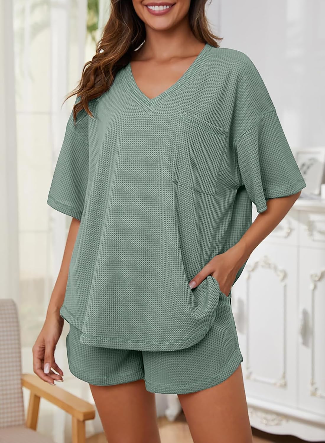 Dokotoo Women's 2 Piece Loungewear Sets Casual Short Sleeve Womens Tops Drawstring Shorts Pants Waffle Knit Sets - Image 2