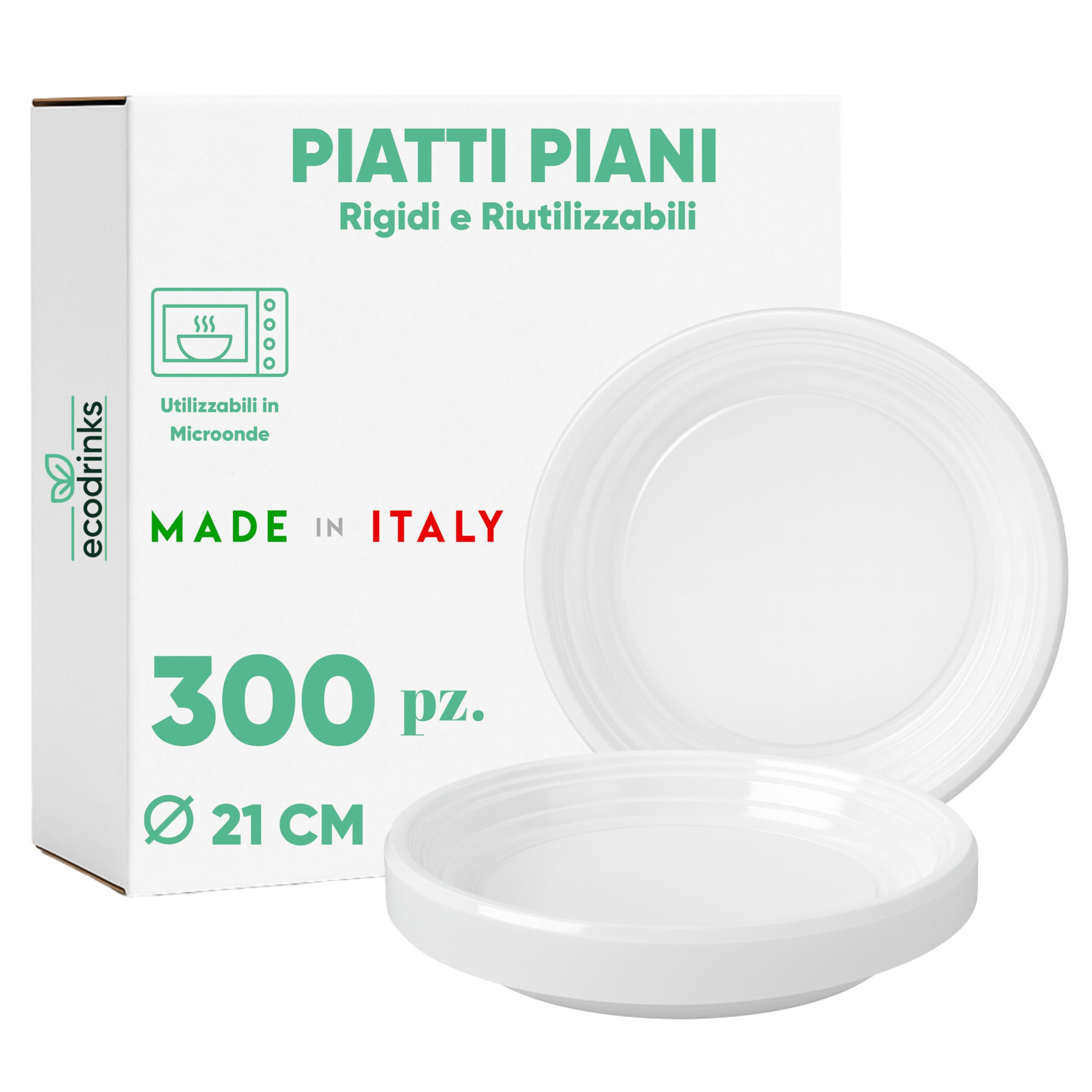 300 Piatti Piani Bianchi da Ø21cm - RIUTILIZZABILI - Base Antiscivolo, Robusti e Lavabili - Ideali per Sagre, Feste, Eventi - Scelta Ecologica e Sostenibile