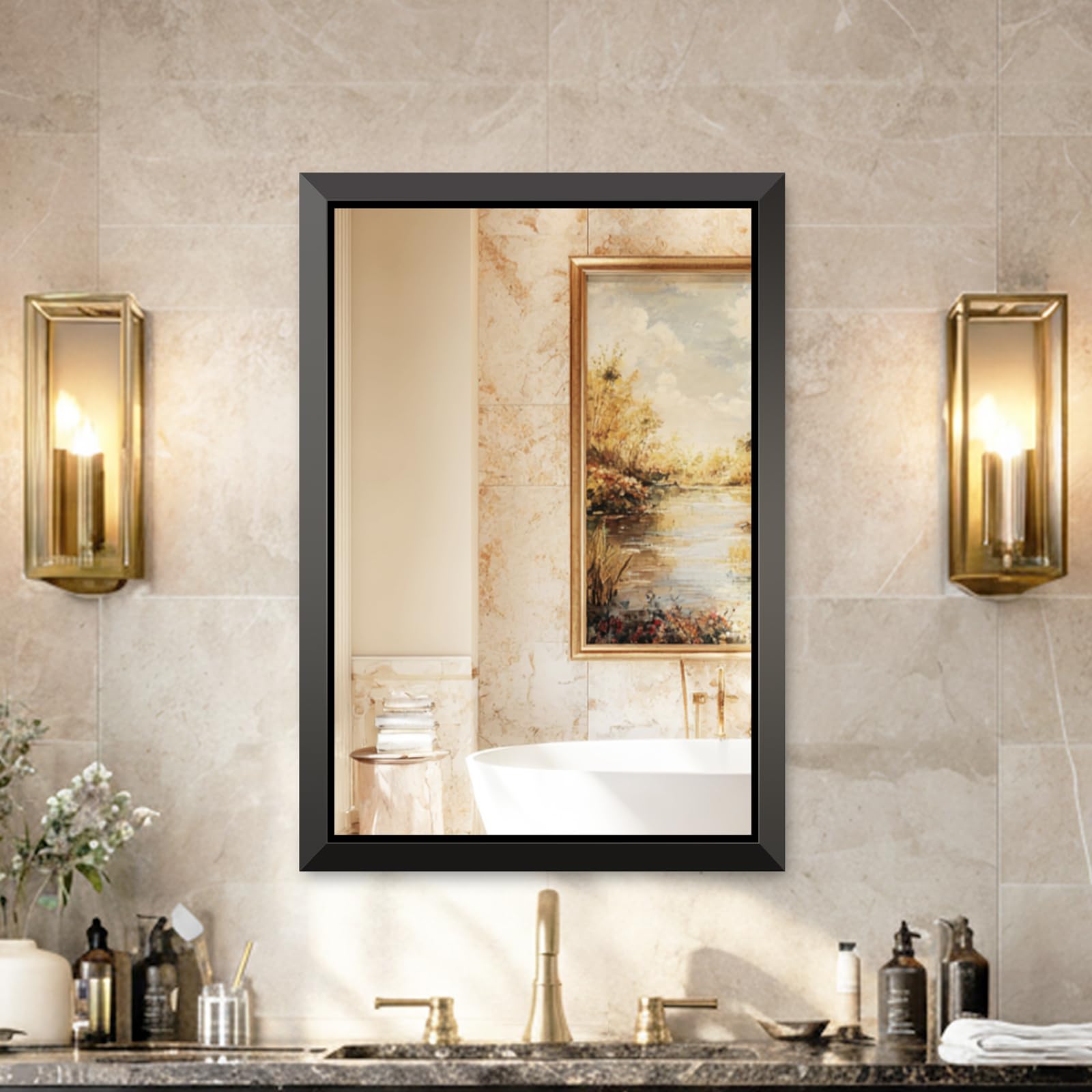 USHOWER 24x32 Inch Brushed Black Bathroom Mirror for Over Sink
