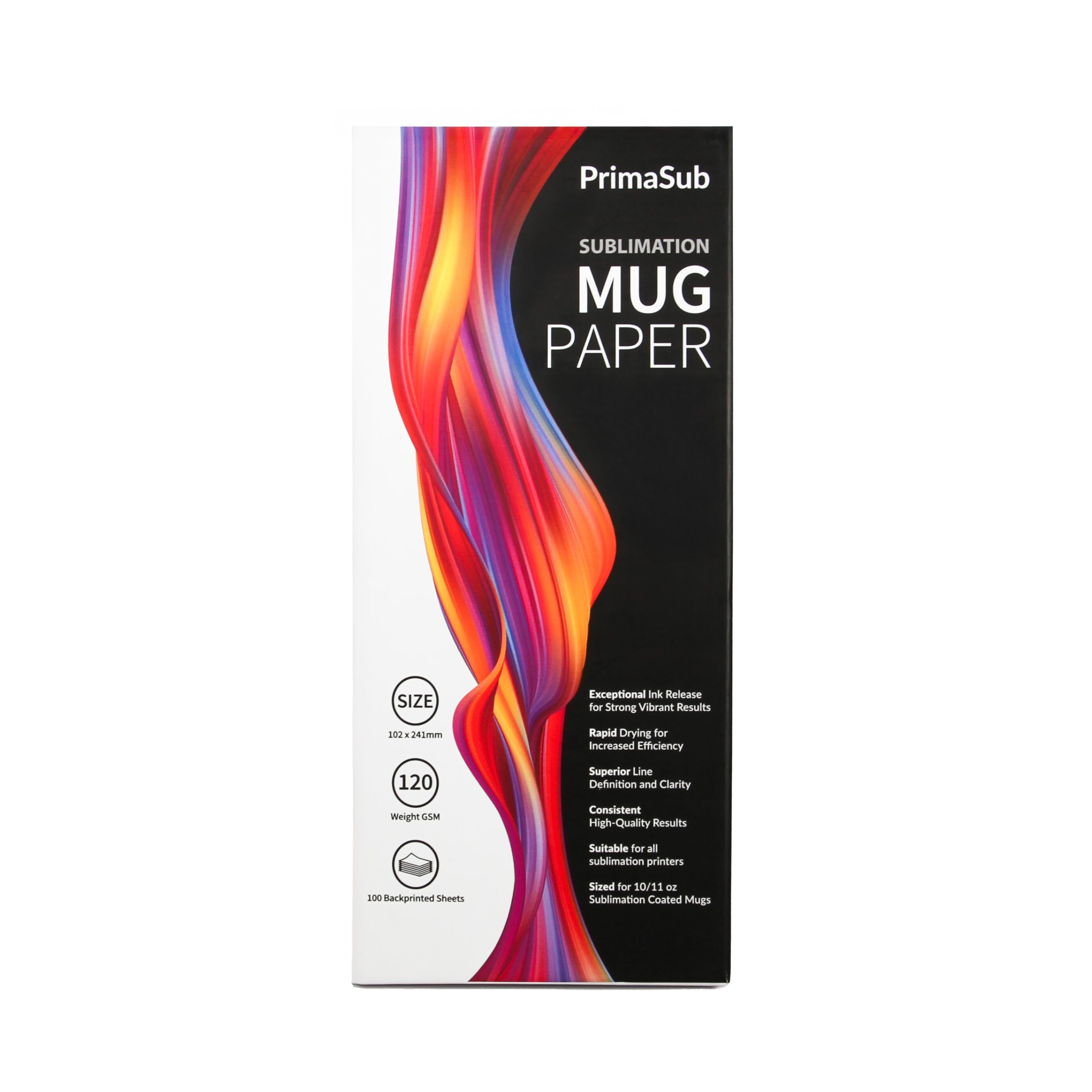PrimaSub, Vibrant 10/11oz Mug Sublimation Paper, 100 Sheets, 120GSM, 102mm x 241mm, Compatible with Epson, Sawgrass, Ricoh and Brother Printers - Rapid Drying with Superior Definition