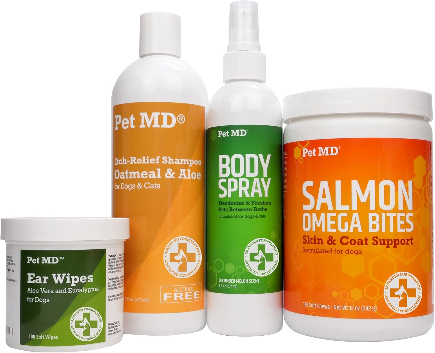 Pet MD Salmon Omega Bites & Ear Wipes & Oatmeal + Aloe Shampoo & Cucumber Melon Body Spray