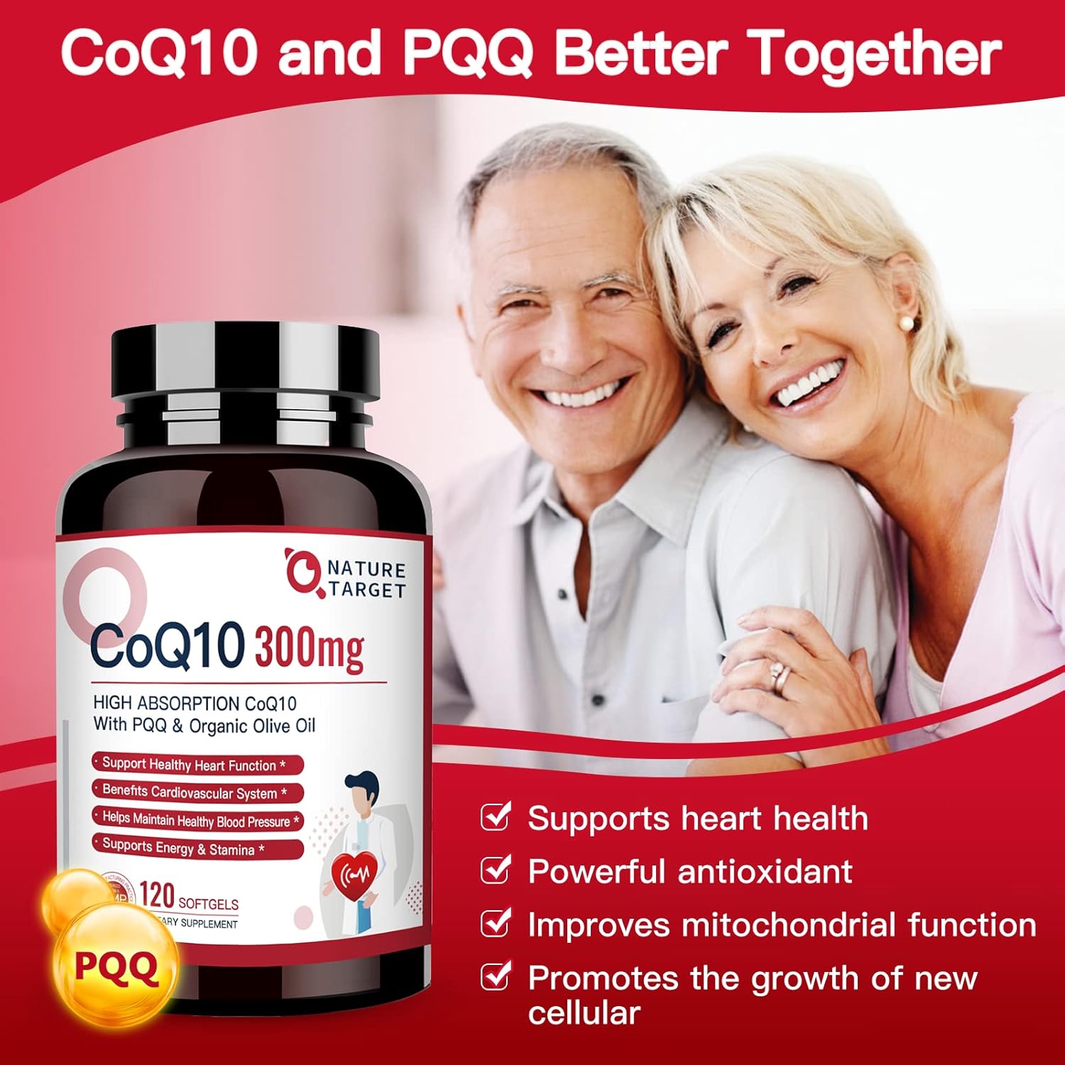 NATURE TARGET CoQ10-300mg-Softgels + PQQ with Organic-Olive-Oil - High Absorption-Coenzyme-Q10 - Antioxidant-for-Heart-Health and Immune Support, Energy Production, 120 Servings - Image 3