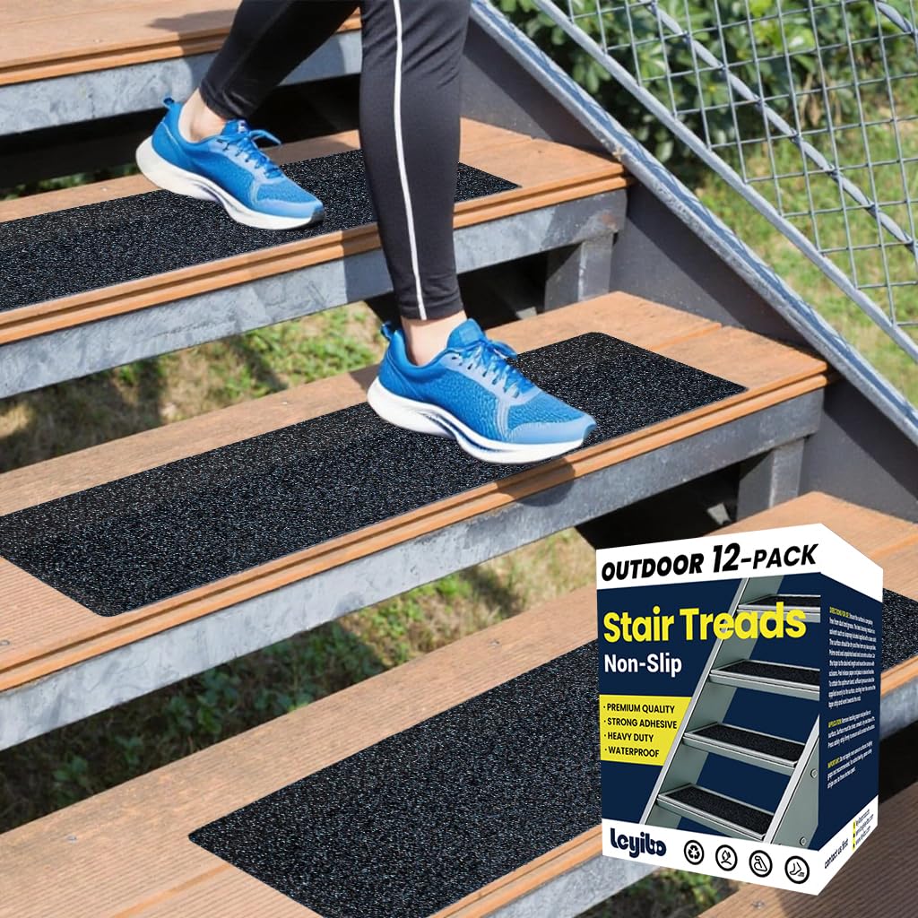 8" x 30" Anti Slip Traction Treads Tape (12-Pack), Pre-Cut Grip Tape for Stair Steps Outdoor, Waterproof Black Non Slip Stair Treads for Floor Safety, Easy to Install