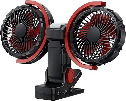 Dual Head Clip On Fan with Light, 4000mAh Rechargeable Cooling Fan | 3 Speed 360 Rotatable 3-in-1 Clip/Desk/Wall Mount Fan,Quiet Brushless Motor Battery Fan for Camping, Stroller, Treadmill