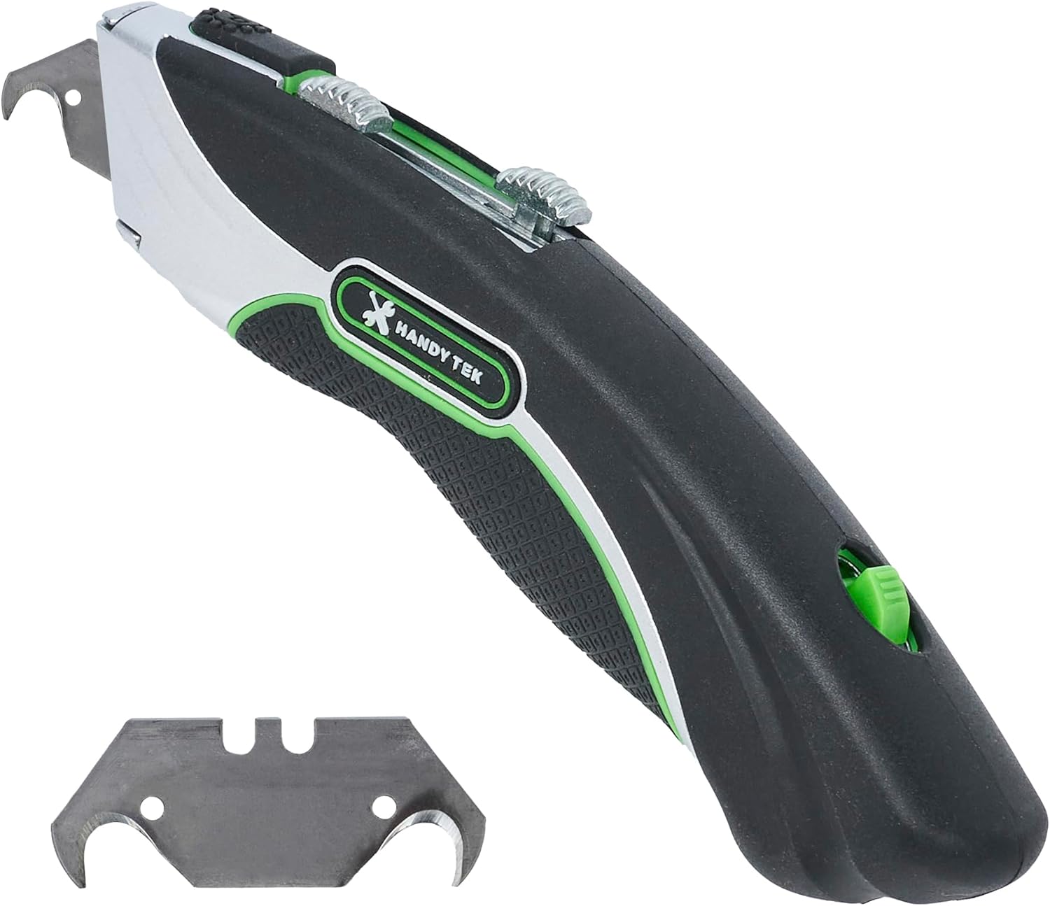 Handy Tek Dual Blade Utility Knife, 1 Retractable Box Cutter - Includes 4 Sharp Blades, 19mm Wide, Black Zinc Quick Change Blade Razor Knife, With 4-Position Locking, Soft Grip - Restaurantware