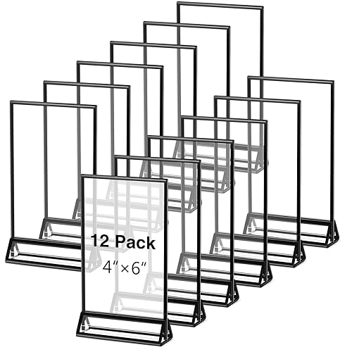 Paquete de 12 marcos de acrílico transparente para números, soportes para letreros con soportes verticales y bordes para bodas, marcos de fotos,