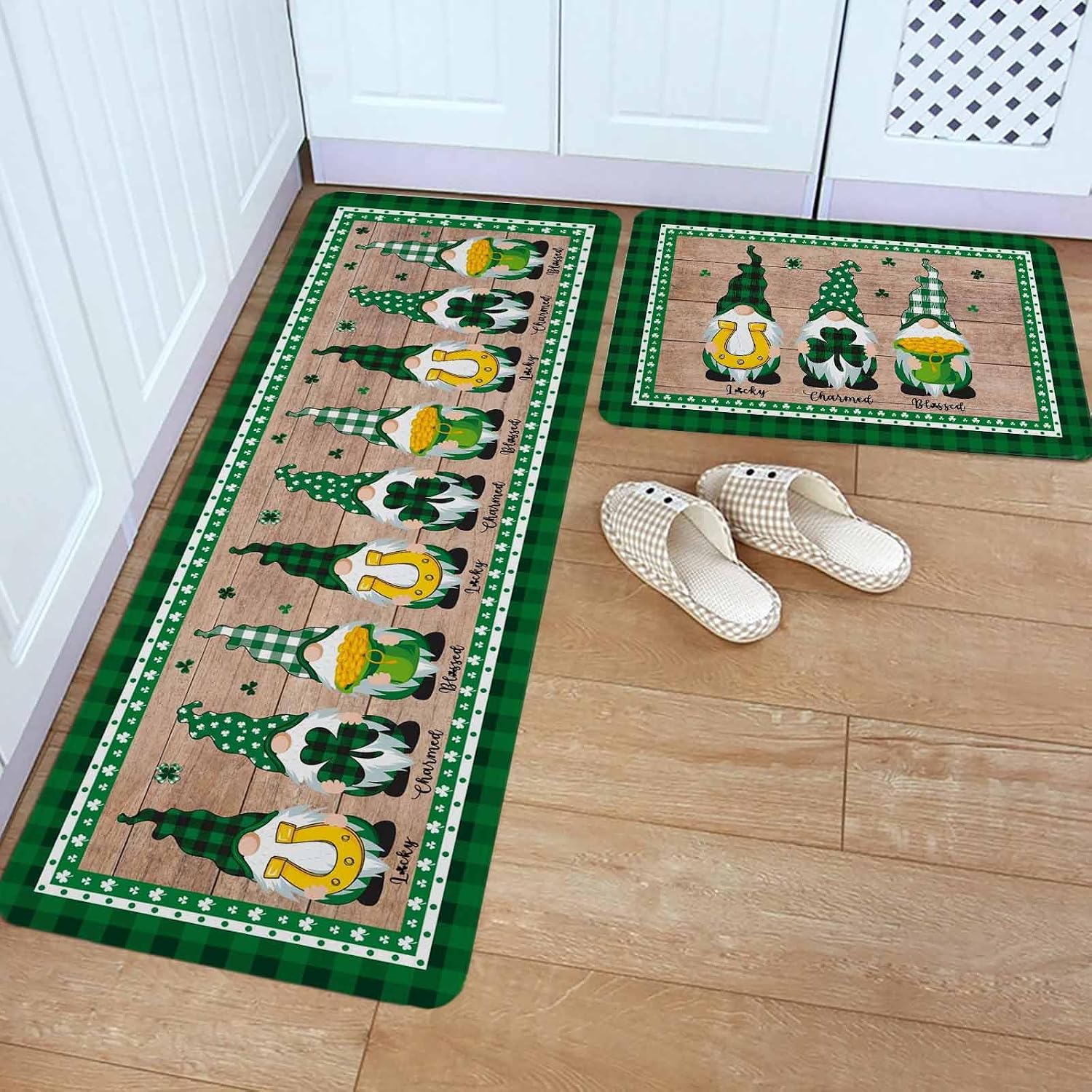 St Patricks Day Kitchen Rugs and Mats Set of 2, Non-Slip Kitchen Sink Mat, Farmhouse Gnomes Shamrock Plaid Wood Grain Washable Doormat Bathroom Rugs Runner for Bedroom 19.7"x31.5"+19.7"x47.2"