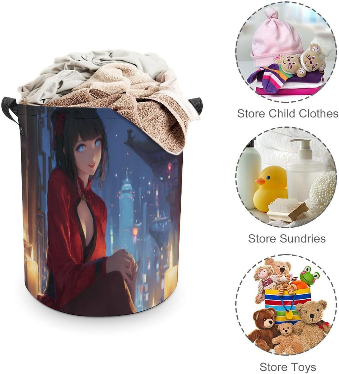 Anime Girls Black Stockings Laundry Basket Clothes Hamper Closet Organizer 44x44cm image 3