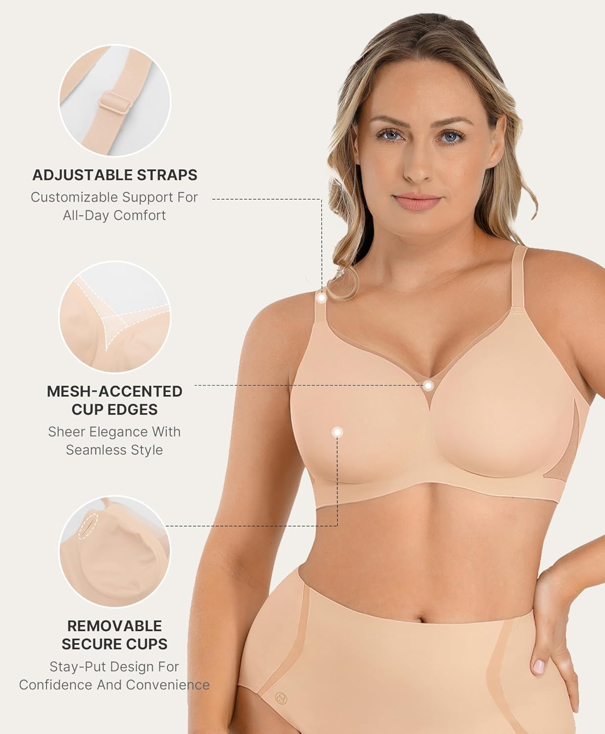 SHAPELLX Wireless Bras for Women Supportive Bras No Underwire Seamless Comfortable Everyday Bralettes V Mesh Push Up Bra - Image 2