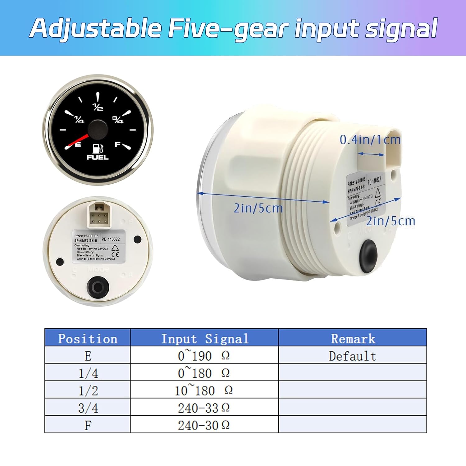 Marine Fuel Gauge，Waterproof Gas Meter，5 Signals Adjustable 240-33ohm 0-190ohm 240-30ohm 0-180ohm 10-180ohm，8-Color Backlight, 9-32V for Boats, RVs, Yachts, Motorcycles, Trucks, Cars，Vehicle (Silver)