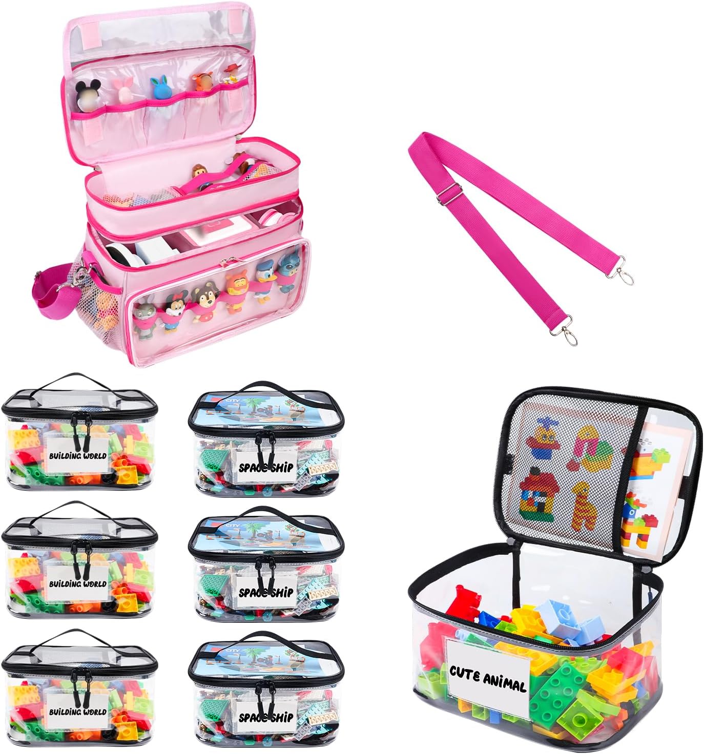 6 Pack Clear Toy Storage Bag with Name Tag& Manual Pocket for Lego Bricks& Carrying Case Compatible with Toniebox Starter Set for Tonies Box Headphones (Large Capacity, Black&Pink)