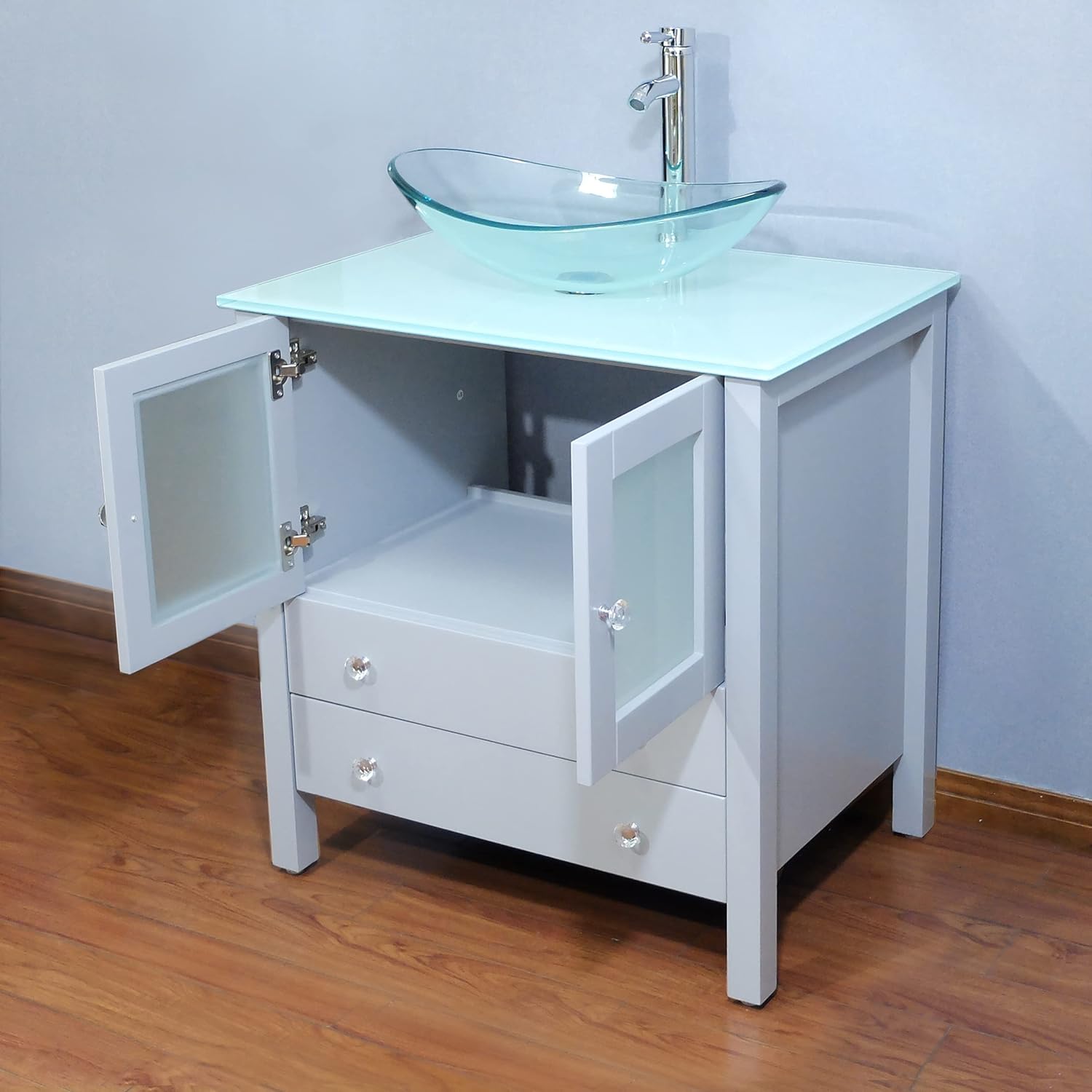 30" Freestanding Wooden Modern Bathroom Vanity Vessel Sink Set Bathroom Mirror Included