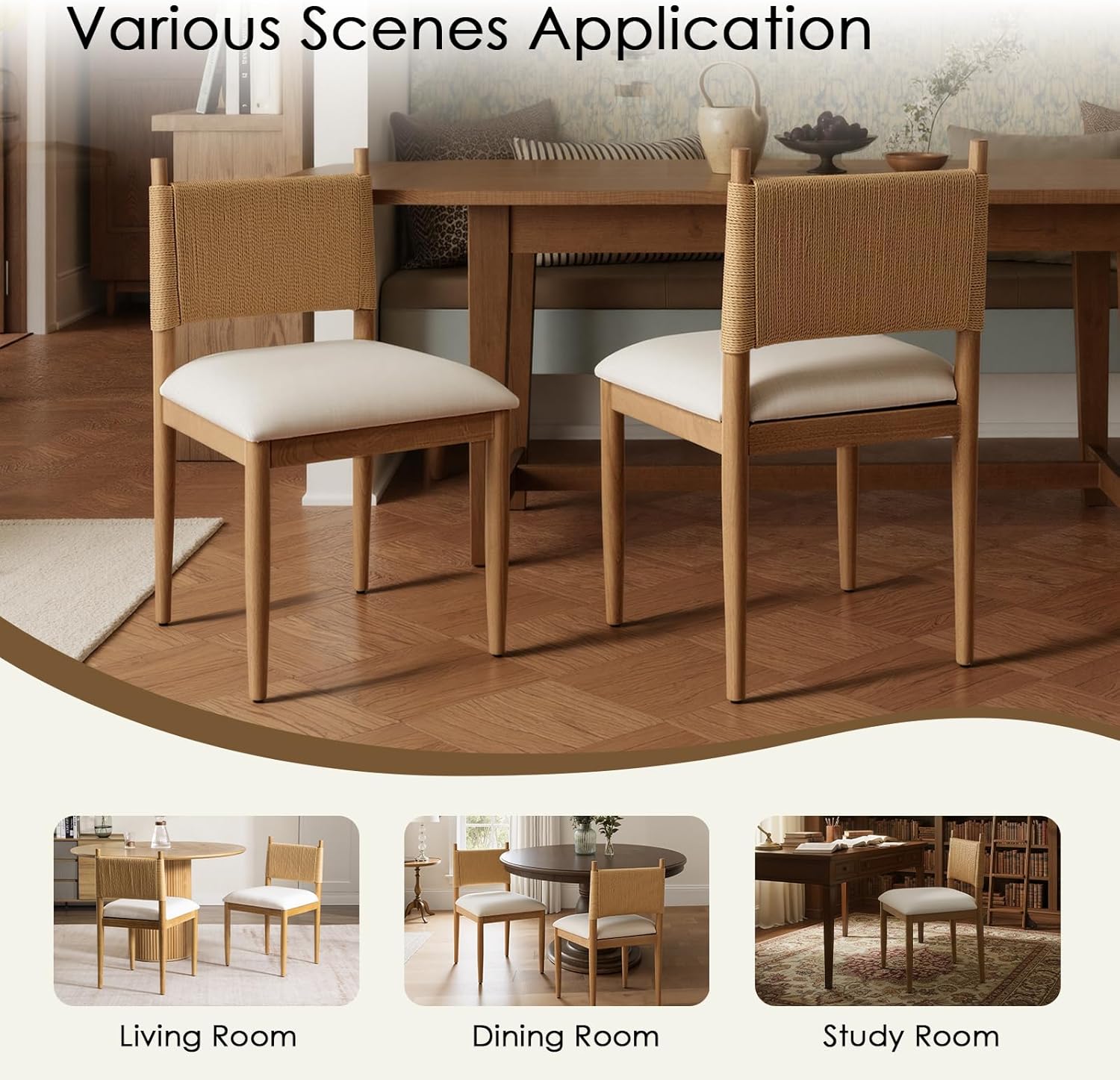 CIMOTA Modern Dining Chairs Set of 2, Mid Century Upholstered Dining Room Chairs with Woven Back, Armless Kitchen Chairs with Natural Solid Wood Legs, Linen Beige