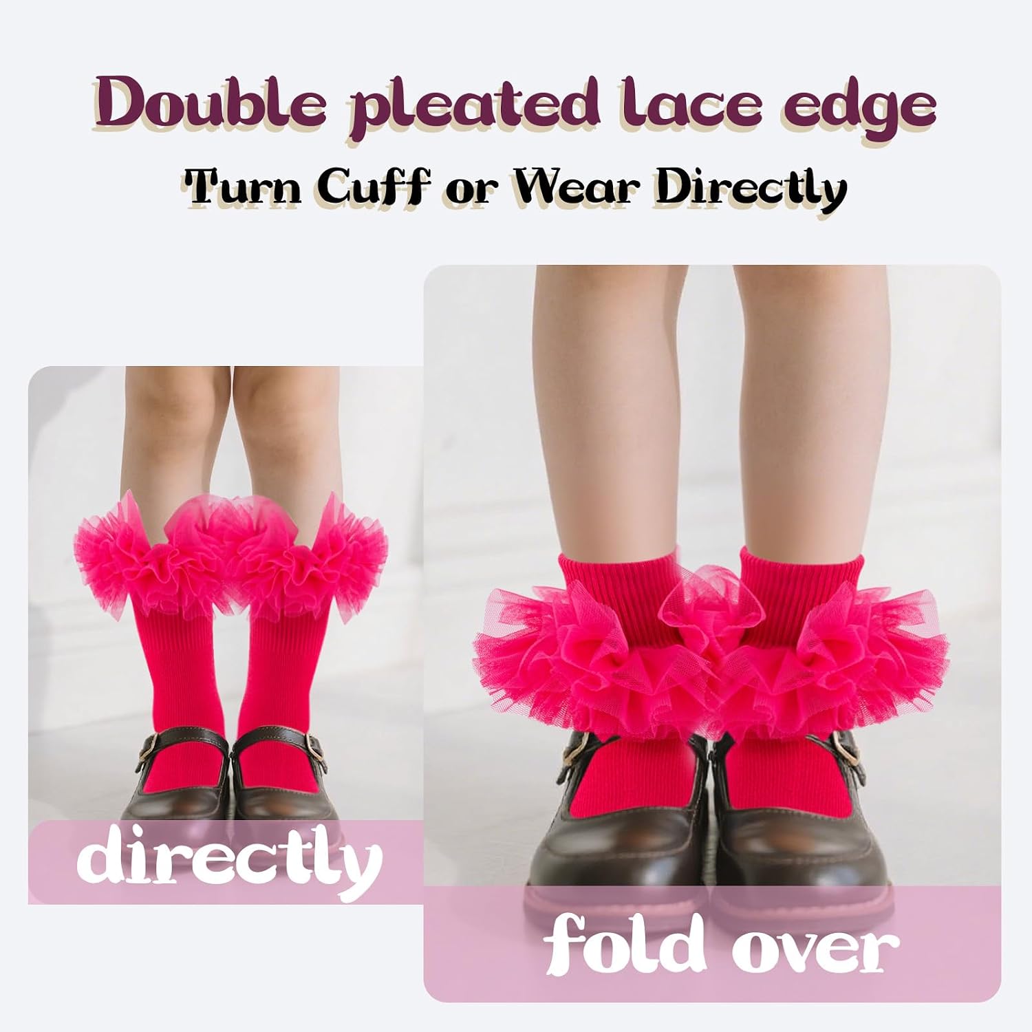 Girls Ruffle Socks Toddler Fluffy Ruffle 4-Layer Lace Dress Socks Turn Cuff Pageant Tutu Socks for Baby Girl Kids