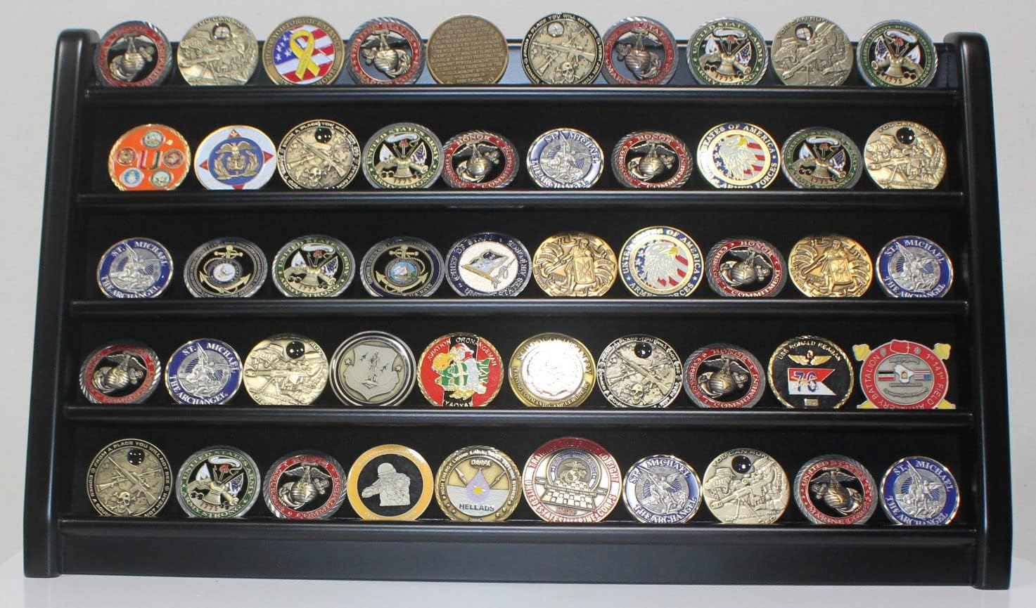 DisplayGifts Challenge Coin Display Stand 5 Row Wooden Holder Rack Case Holds 50-55 Coins Poker Chips Black Finish