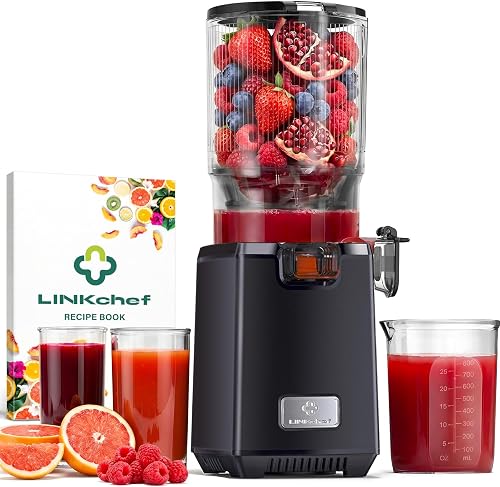 LINKChef Sokowirówka Wolnoobrotowa – Wyciskarka Zimnego Prasowania, 130mm Szeroka Gniazdo Żywnościowe na Całe Owoce, 1.8L Duża Pojemność na Użycie Rodzinne, 250W, Łatwa do Czyszczenia, Bez BPA