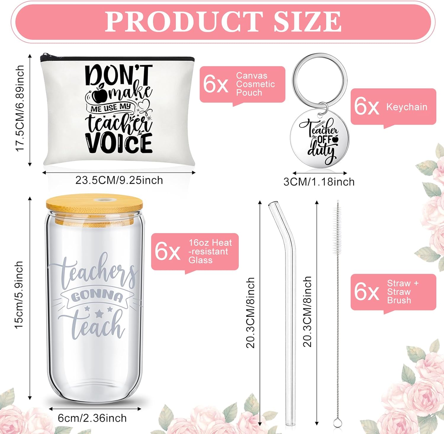18 Pcs Teacher Appreciation Gifts Set 6 Pcs 16 oz Thank You Teacher Glass Cups with Lids Straws Brushes, 6 Makeup Pouch, 6 Keychains for Valentine Employee Appreciation Gift(Elegant)