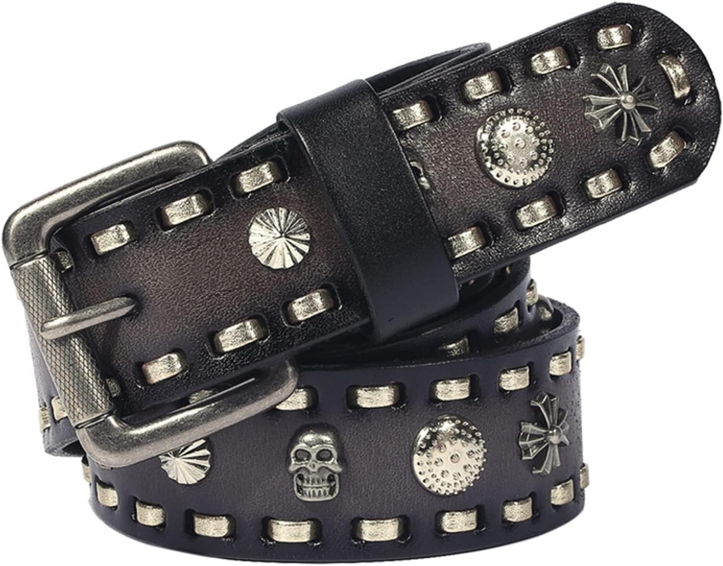 Punk Gothic 3 Row Studded Belt Skull Cross Carved Flower Rivet in Circular Arrangement with Scratch Resistant Buckle